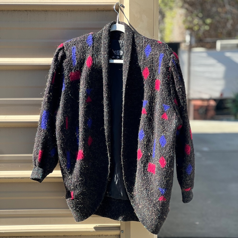 Japanese fashion sweater (charcoal w/ blue pink block pattern & metallic fibers)